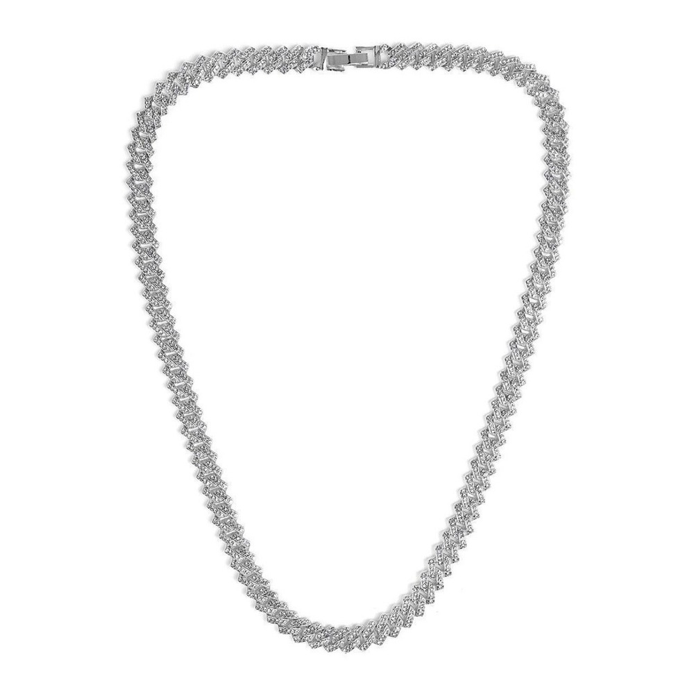 Invicta Mens Iced Out Cuban Link Chain Necklace Silver Tone Pave Crystal 24 Inch